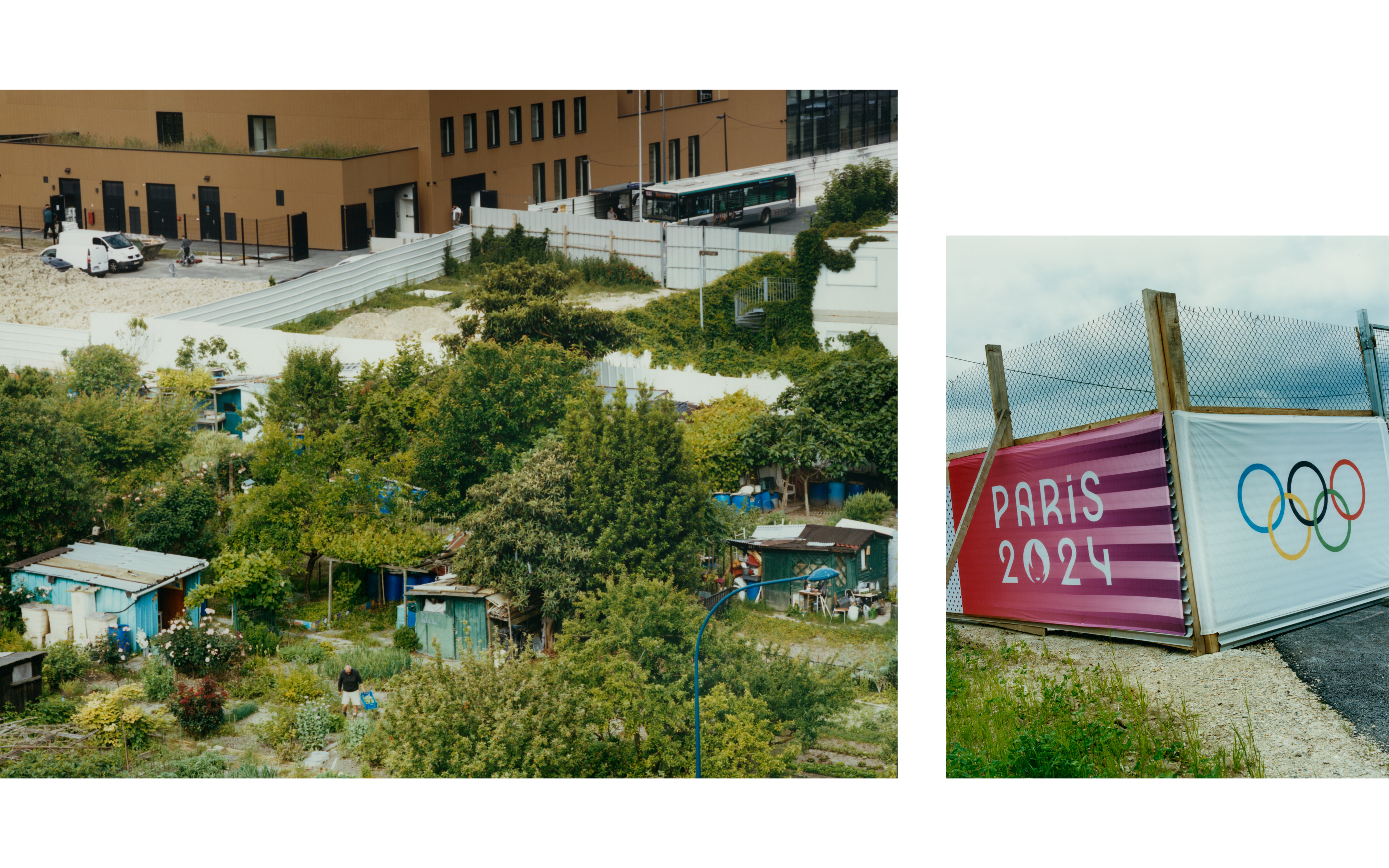 Left : The construction of the olympic training pool in Aubervilliers has detroyed parts of an old community garden in the neighborhood
Right : Village des Media, Dugny. - © Maciek Pożoga