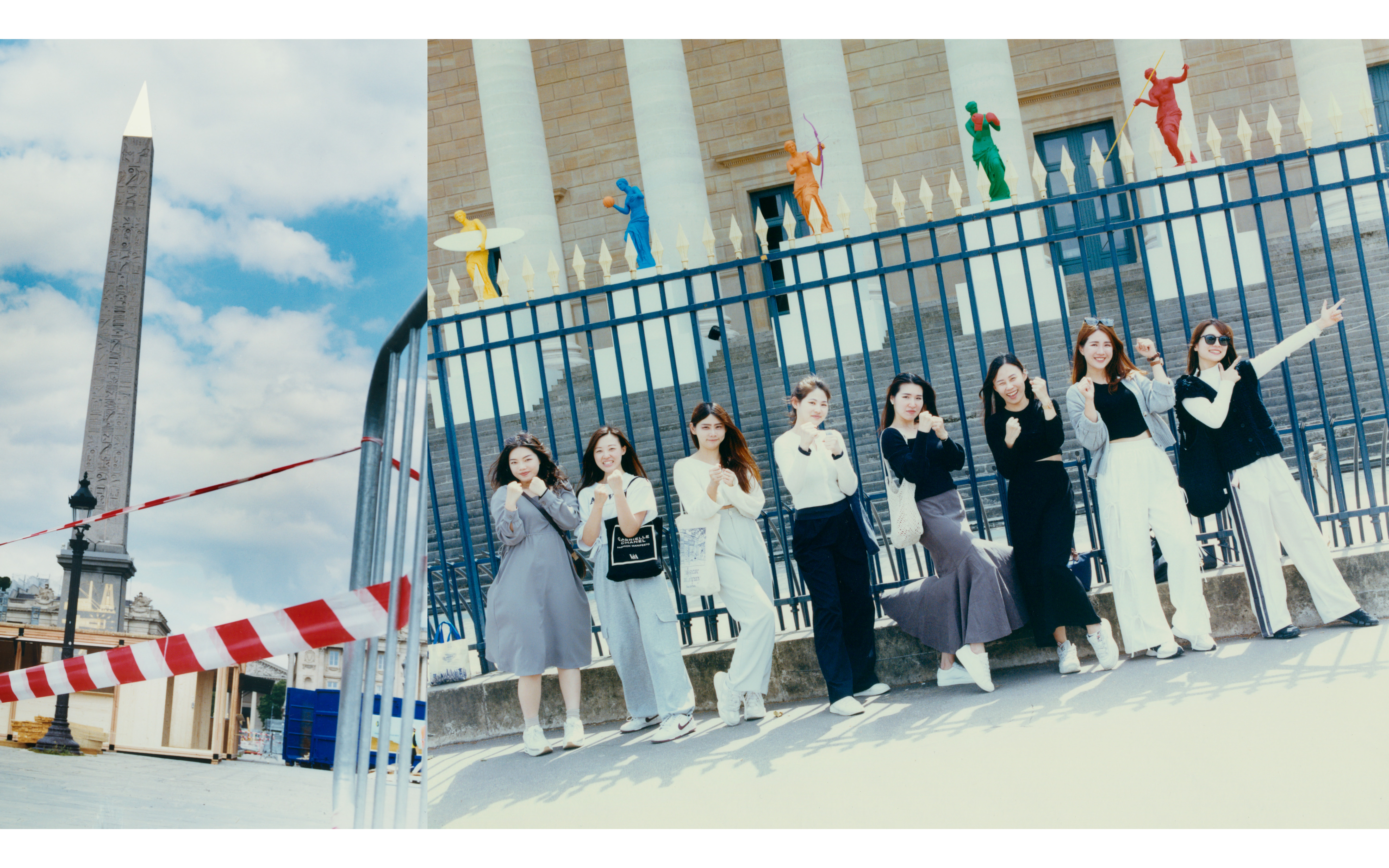 Left : Concorde «Urban Parc» under construction 
Right : Taiwanese tourists posing in front of « La Beauté et le Geste», an installation by french artist Laurent Perbos on the stairs of Assemblée Nationale. - © Maciek Pożoga