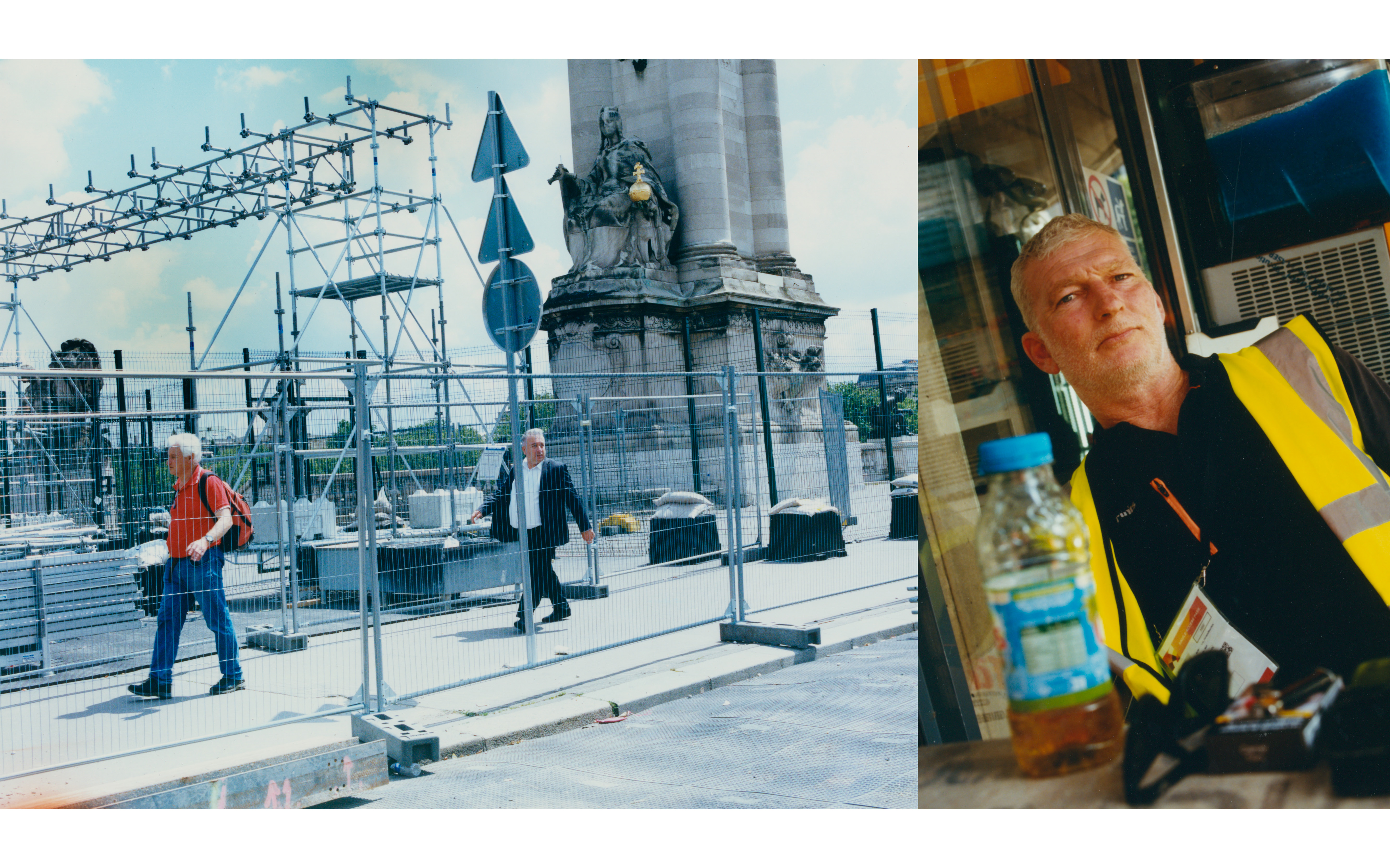 Left : Parts of the Pont Alexandre III are still accessible for pedestrian, allowing them to cross the river.
Right : Neil during his coffee break in Saint Ouen. Neil came from essex with his team. He is staying in the 93. He has one month to go, possibly the most stressfull and hot one. He is looking forward to go home. - © Maciek Pożoga