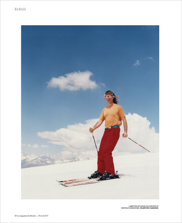We spent the last opening weekend of the winter ski season on the slopes of *Via Latea* in Italy, shooting sunglasses for *M le Monde*. We cast and shot everyone while skiing. Even Yuji the hairstylist and his assistant Sumiyo were skiing with everything they needed in a big backpack, occasionally stopping to plug-in at a bar on the slope and give eccentric Fellini-inspired hairtcuts. My assistant, François, even successfully changed the Contax films while riding down the slope. *{Art Direction by JB Talbourdet. Hair by Yuji Okuda. Photo assistant : François Briens}* - © Maciek Pożoga